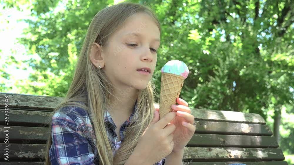 Kid Eating Ice Cream in Park, Child Relaxing Sitting on Bench Girl at Playground