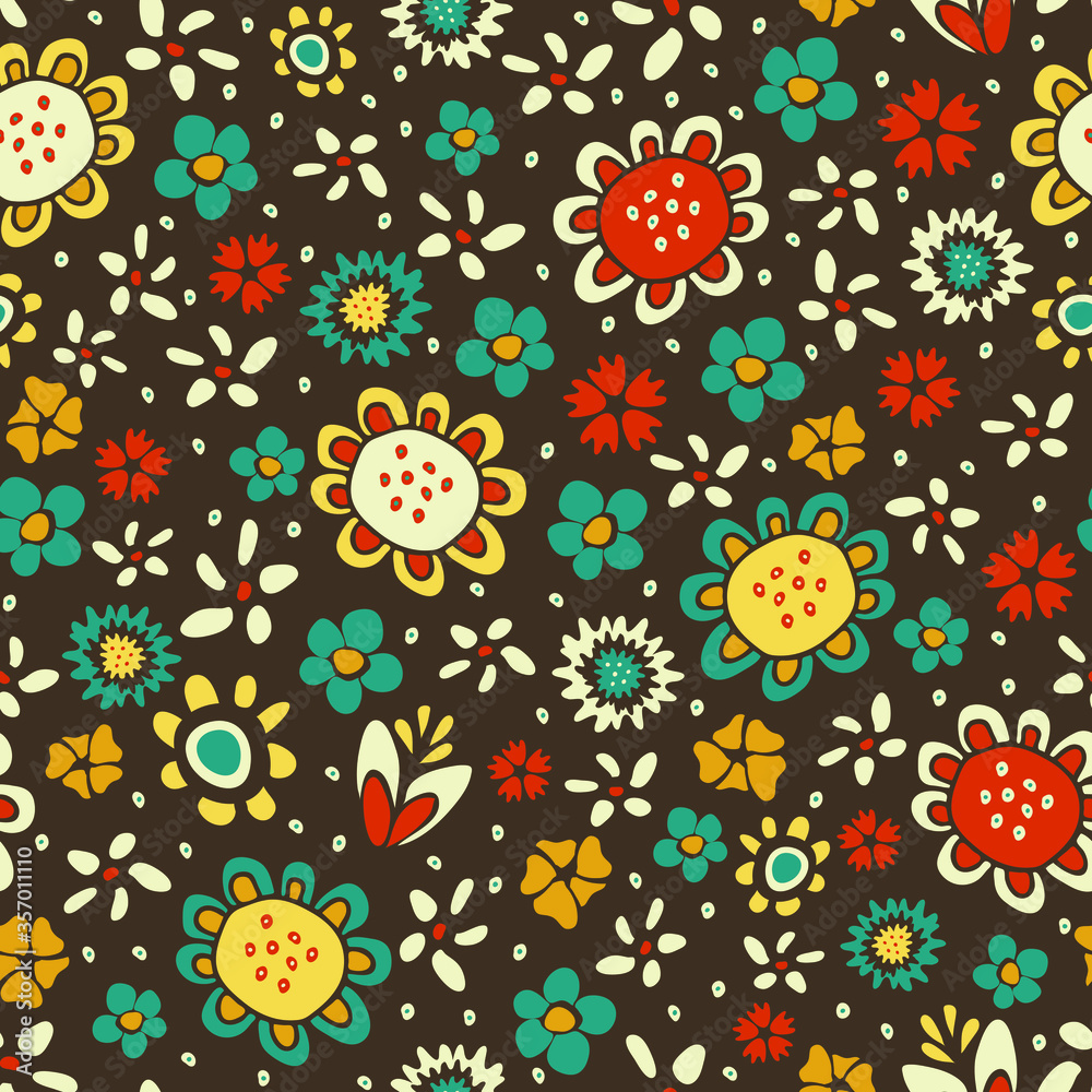 Seamless vector pattern with flowers on brown background. Funky retro floral wallpaper design. Vintage ditsy fashion fabric style.