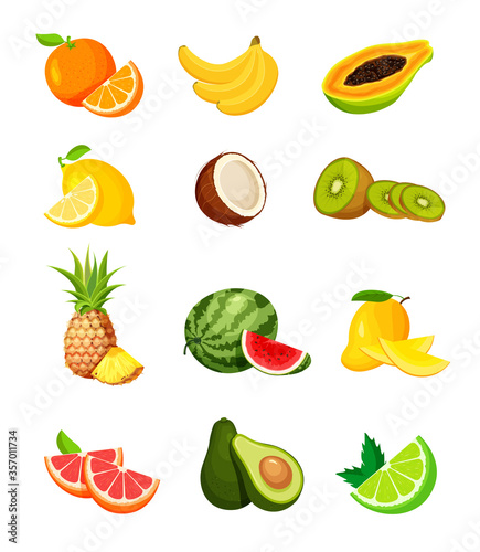 Set of exotic tropical fruits in a trendy flat style. Vegan food vector icons isolated on white background. Fresh whole  half  cut slice and piece of fruit. 