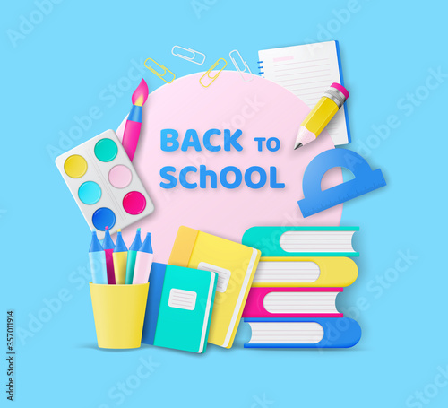 Back to school colorful banner design with realistic colorful objects for education at school. Vector illustration.