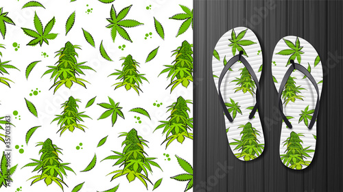 White and green seamless pattern with flowers and leaves of cannabis. Eco pattern ready to print in cartoon style. Pattern design for printing on flip-flops. Visualization of flip-flops design