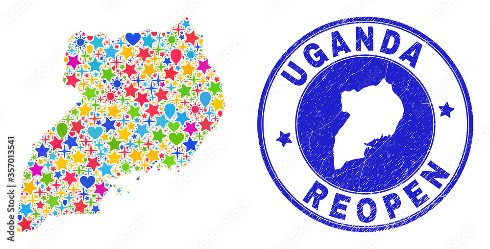 Celebrating Uganda map collage and reopening scratched stamp. Vector collage Uganda map is done of random stars, hearts, balloons. Rounded awry blue stamp imprint with distress rubber texture. Celebrating Uganda map collage and reopening scratched stamp. Vector collage Uganda map is done of random stars, hearts, balloons. Rounded awry blue stamp imprint with distress rubber texture.