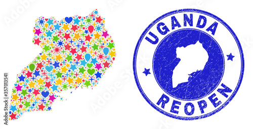 Celebrating Uganda map collage and reopening scratched stamp. Vector collage Uganda map is done of random stars, hearts, balloons. Rounded awry blue stamp imprint with distress rubber texture.