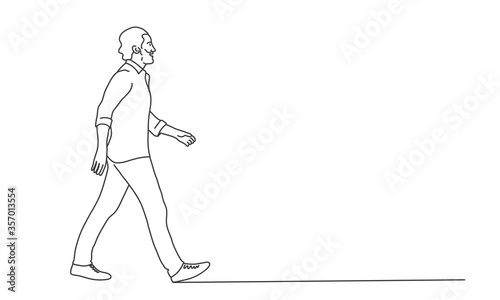 Walking man with beard. Line drawing vector illustration.