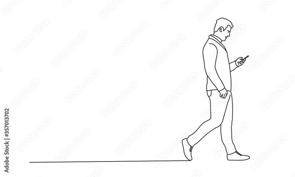 Line drawing vector illustration of man using phone.