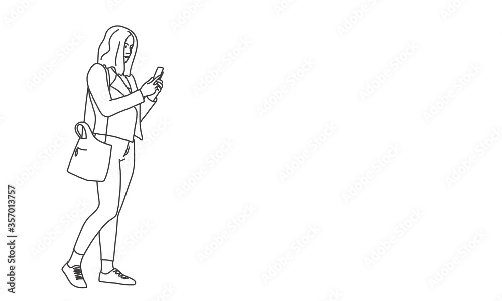 Line drawing vector illustration of young woman using phone.