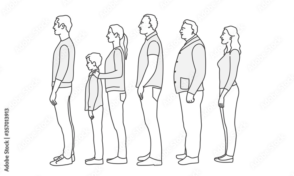 People standing in line. Profile. Line drawing vector illustration.