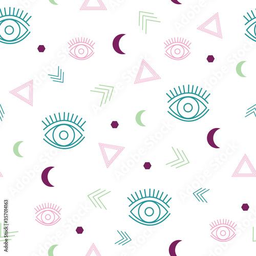 Seamless repeat pattern with eyes and geometric elements.Bright colors, perfect for textile, wallpaper and interior design.