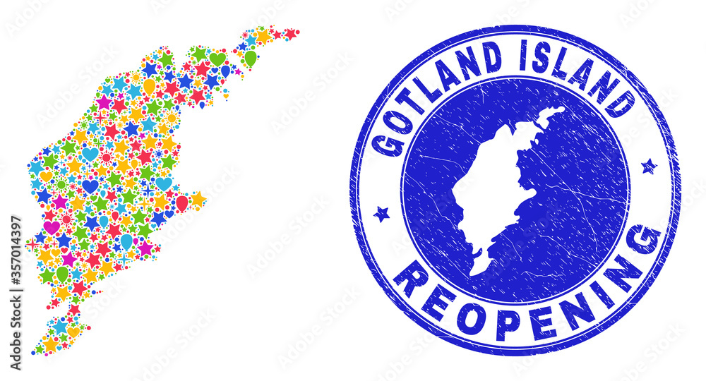 Celebrating Gotland Island map collage and reopening rubber stamp seal. Vector collage Gotland Island map is created with scattered stars, hearts, balloons. Celebrating Gotland Island map collage and reopening rubber stamp seal. Vector collage Gotland Island map is created with scattered stars, hearts, balloons.
