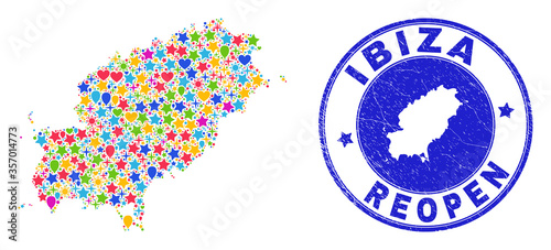 Celebrating Ibiza Island map collage and reopening textured stamp. Vector collage Ibiza Island map is composed of random stars, hearts, balloons.