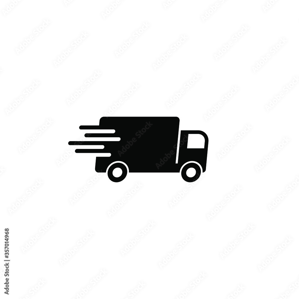 Delivery truck vector icon. Fast moving transport service car symbol. Speed shipping sign. Logistic logo. Black silhouette isolated on white background.