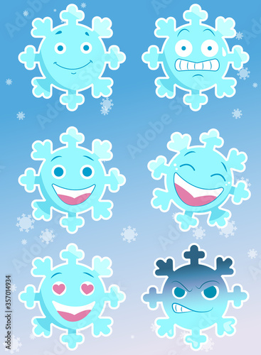 Set Of Cute Snowflakes Emotions. Vector illustration