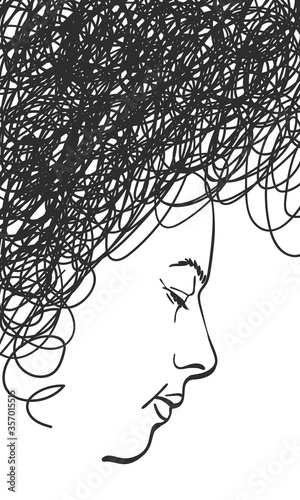Problem, depression in hard time concept. Face of young woman with closed eyes with dark scribble cloud over her head, Vector sketch, Hand drawn illustration