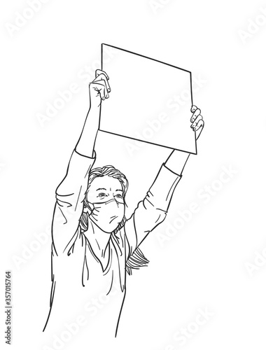 Woman in medical face mask holding blank sign board during protest. Human rights at coronavirus pandemic time. Vector sketch, Hand drawn linear illustration