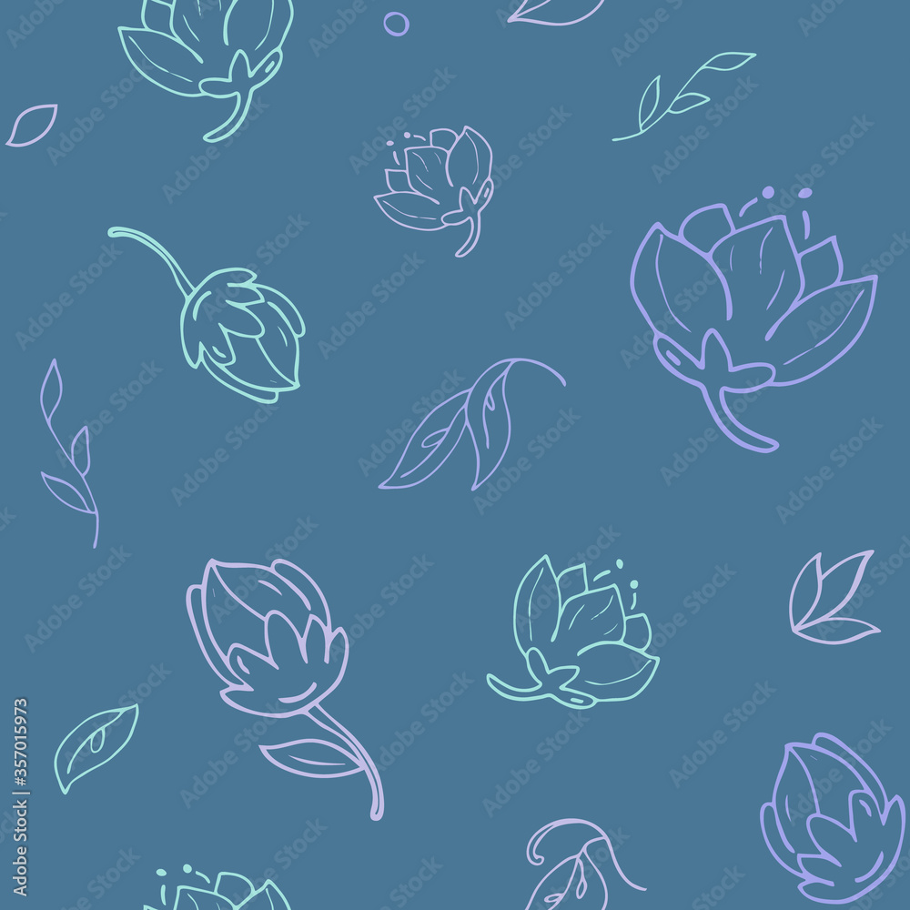 seamless pattern little night flowers and leaves - hand drawn vector illustration seamless pattern little night flowers and leaves - hand drawn vector illustration