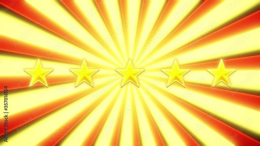 Giving a five-star rating, with shapes turning from gray to golden, over a rotating retro circus pattern background.
Giving a five-star rating, with shapes turning from gray to golden, over a rotating retro circus pattern background.
