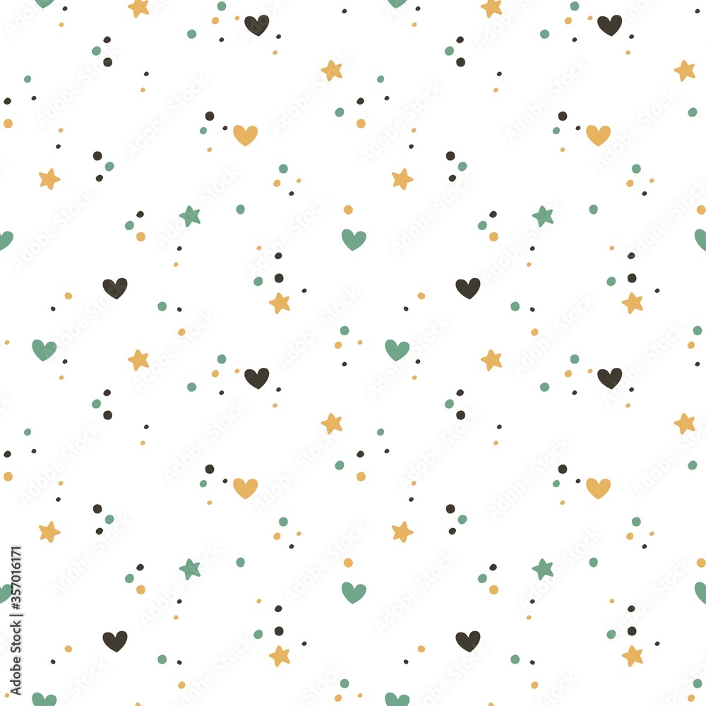 Seamless patterns for kids and the whole family. Cute pattern with stars and hearts for the children's clothing, design wall art, kid's products and room decor. Vector illustration.