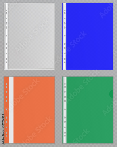 Vector transparent plastic files. Cellophane folders to protect documents