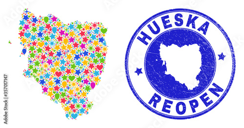 Celebrating Hueska Province map mosaic and reopening rubber stamp. Vector mosaic Hueska Province map is designed of random stars, hearts, balloons.