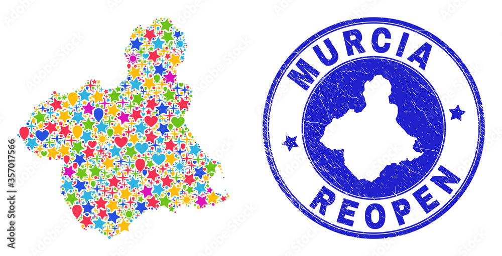 Celebrating Murcia Province map mosaic and reopening rubber seal. Vector mosaic Murcia Province map is designed of scattered stars, hearts, balloons. Celebrating Murcia Province map mosaic and reopening rubber seal. Vector mosaic Murcia Province map is designed of scattered stars, hearts, balloons.