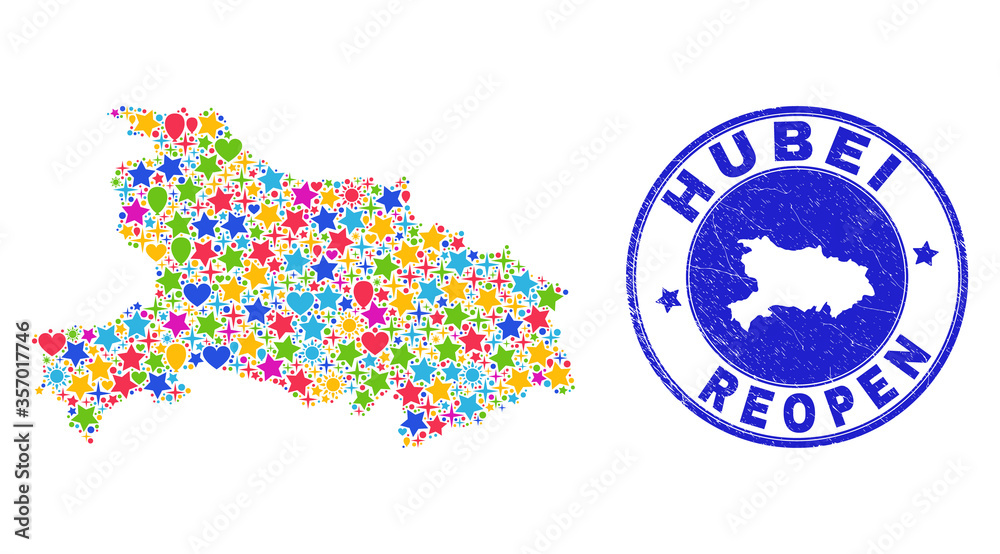Celebrating Hubei Province map collage and reopening rubber stamp seal. Vector collage Hubei Province map is created with scattered stars, hearts, balloons. Celebrating Hubei Province map collage and reopening rubber stamp seal. Vector collage Hubei Province map is created with scattered stars, hearts, balloons.