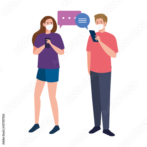 Woman and man with medical masks holding smartphone and bubbles design of Covid 19 virus theme Vector illustration