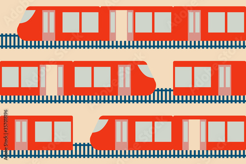 Trains seamless pattern. Repetitive illustration of horizontal red trains and rails on sepia background.