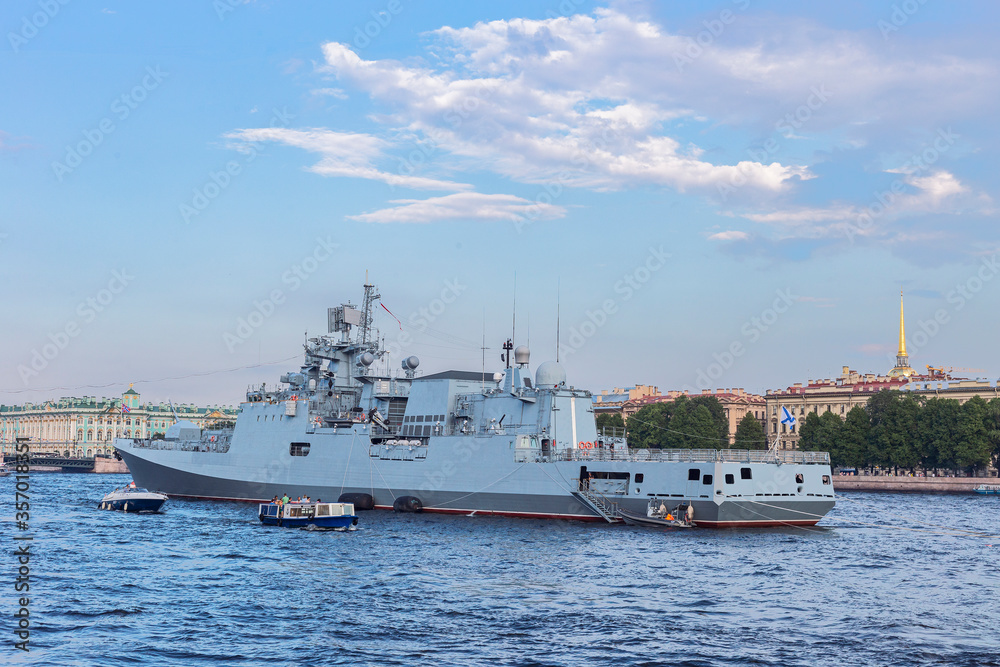 St. Petersburg, Russia - July 28, 2018 - Russian warship on the Neva River in the city center