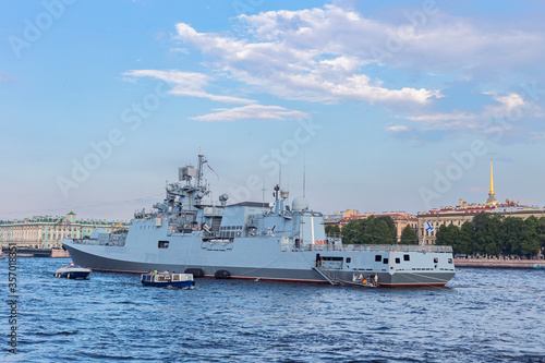 St. Petersburg  Russia - July 28  2018 - Russian warship on the Neva River in the city center