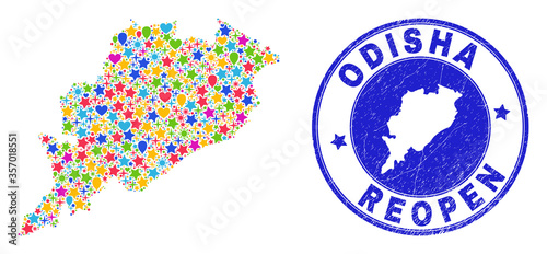 Celebrating Odisha State map mosaic and reopening corroded stamp seal. Vector collage Odisha State map is constructed with scattered stars, hearts, balloons.