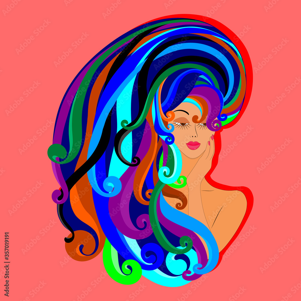 A flat style of a girl's face with long hair. Beautiful hairstyle with blue curls on a red background. Illustration A flat style of a girl's face with long hair. Beautiful hairstyle with blue curls on a red background. Illustration