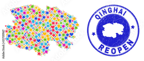 Celebrating Qinghai Province map mosaic and reopening rubber stamp seal. Vector mosaic Qinghai Province map is designed from randomized stars, hearts, balloons.