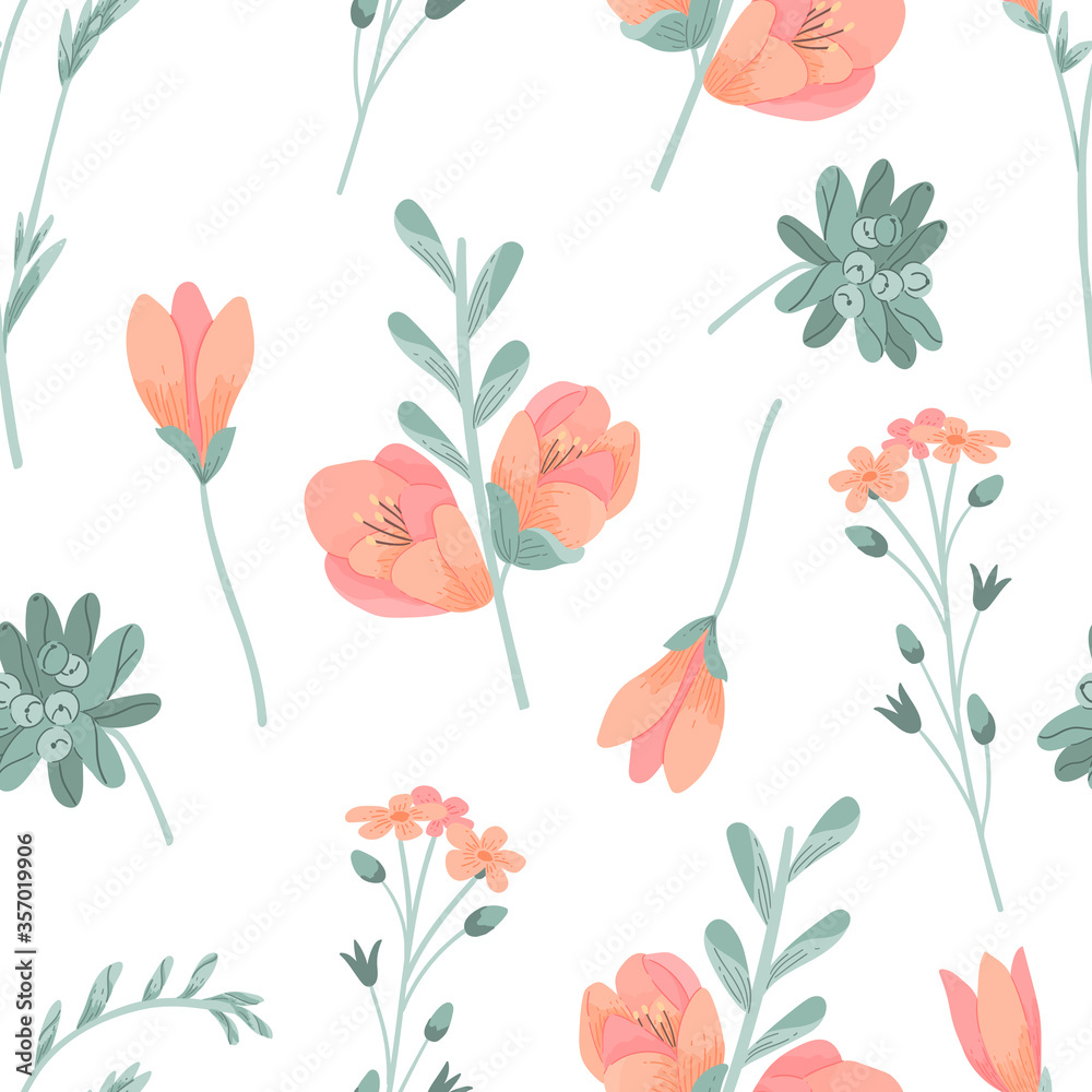 Decorative floral seamless pattern for print, textile, wallpaper. Hand drawn spring-summer flowers background.