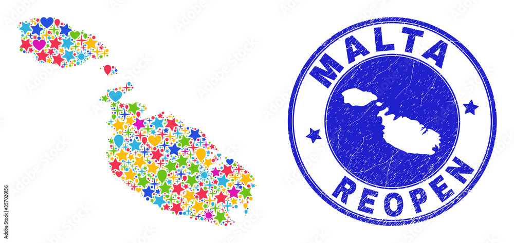 Celebrating Malta map mosaic and reopening rubber watermark. Vector mosaic Malta map is made of randomized stars, hearts, balloons. Rounded rough blue stamp imprint with unclean rubber texture. Celebrating Malta map mosaic and reopening rubber watermark. Vector mosaic Malta map is made of randomized stars, hearts, balloons. Rounded rough blue stamp imprint with unclean rubber texture.