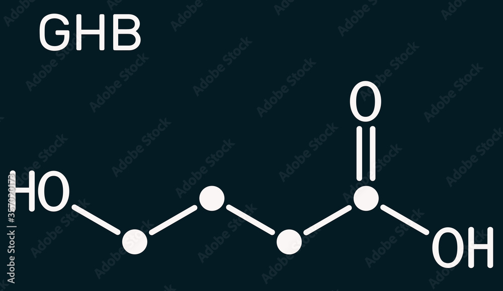 Gamma-hydroxybutyric acid, GHB, C4H8O3 molecule. It is neurotransmitter, liquid ecstasy, psychoactive drug. It is used in form of salt sodium oxybate. Dark blue background Gamma-hydroxybutyric acid, GHB, C4H8O3 molecule. It is neurotransmitter, liquid ecstasy, psychoactive drug. It is used in form of salt sodium oxybate. Dark blue background