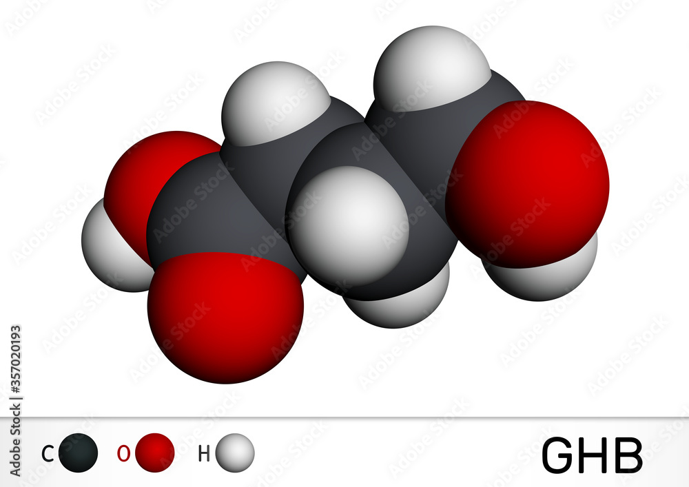 Gamma-hydroxybutyric acid, GHB, C4H8O3 molecule. It is neurotransmitter, liquid ecstasy, psychoactive drug. It is used in form of salt sodium oxybate. Molecular model Gamma-hydroxybutyric acid, GHB, C4H8O3 molecule. It is neurotransmitter, liquid ecstasy, psychoactive drug. It is used in form of salt sodium oxybate. Molecular model