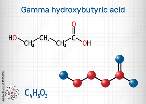 Gamma-hydroxybutyric acid, GHB, C4H8O3 molecule. It is neurotransmitter, liquid ecstasy, psychoactive drug. It is used in form of salt sodium oxybate. Sheet of paper in a cage.Vector illustration