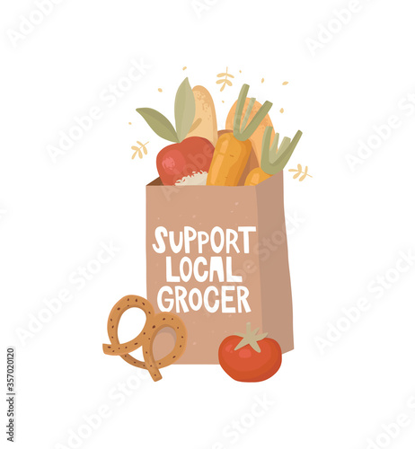 Vector illustration and handwritten lettering. The phrase support the local grocer. A craft paper bag filled with beautiful and fresh food. Vegetables and pastries. Grocery basket, organic products.