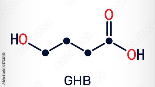 Gamma-hydroxybutyric acid, GHB, C4H8O3 molecule. It is neurotransmitter, liquid ecstasy, psychoactive drug. It is used in form of salt sodium oxybate. Skeletal chemical formula