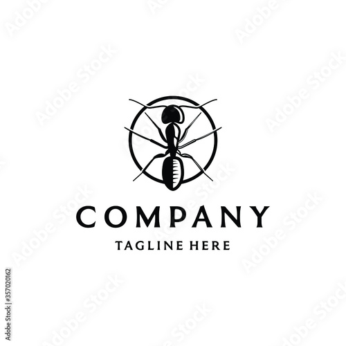 Ant logo design template. Awesome ant with circle logo. Ant lineart logotype.