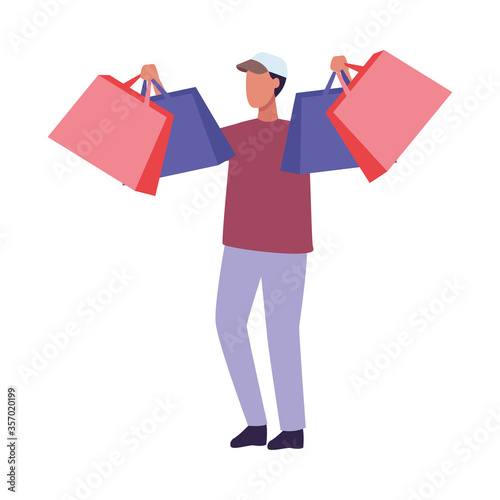 young man fashion wear with shopping bags character