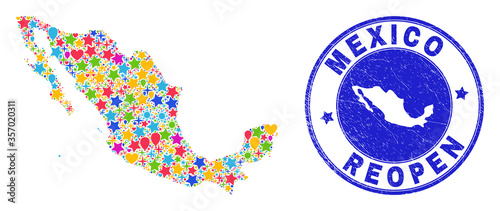 Celebrating Mexico map mosaic and reopening unclean stamp seal. Vector mosaic Mexico map is created of randomized stars, hearts, balloons. Rounded rough blue stamp imprint with unclean rubber texture.