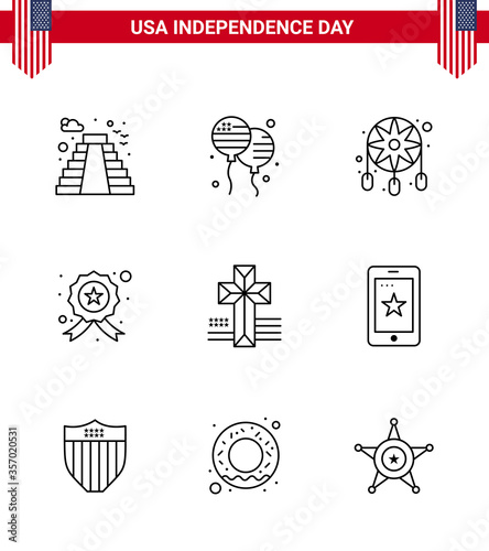 Happy Independence Day Pack of 9 Lines Signs and Symbols for cross; police; adornment; star; badge photo