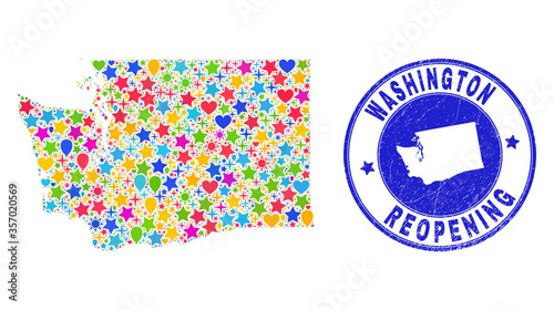 Celebrating Washington State map collage and reopening unclean stamp. Vector collage Washington State map is made of scattered stars, hearts, balloons.