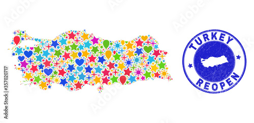 Celebrating Turkey map collage and reopening scratched watermark. Vector collage Turkey map is done with randomized stars, hearts, balloons.