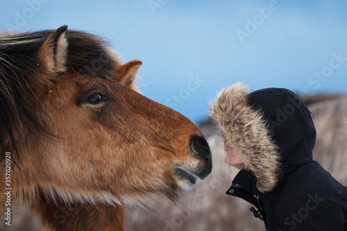 A woman or girl whispering to horse ear