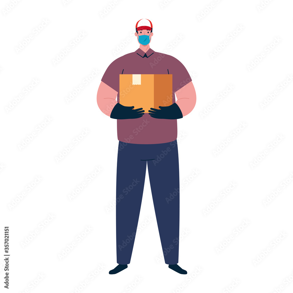 delivery man with mask and box design, Workers occupation and job theme Vector illustration