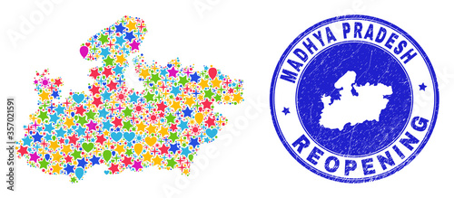 Celebrating Madhya Pradesh State map collage and reopening grunge stamp seal. Vector collage Madhya Pradesh State map is formed with random stars, hearts, balloons.