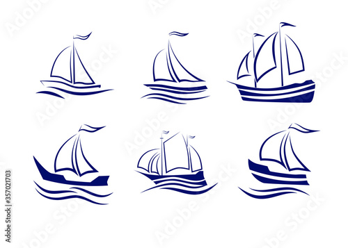 Travel by sea or ocean ships and yachts, a set of vector icons.