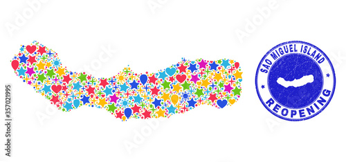 Celebrating Sao Miguel Island map collage and reopening rubber watermark. Vector collage Sao Miguel Island map is composed with randomized stars, hearts, balloons.